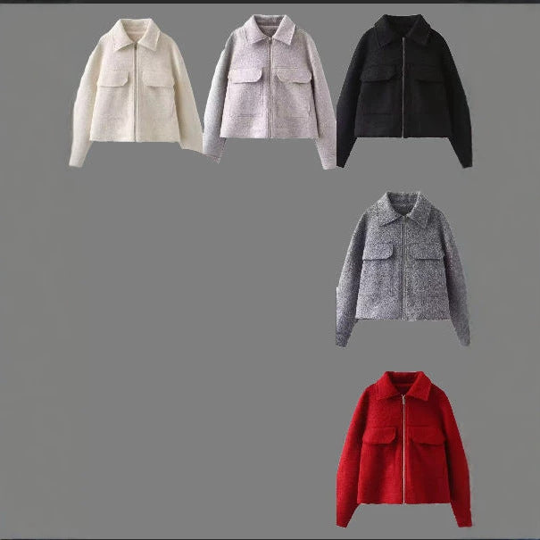 Damen Kurz geschnittene Bouclé‑Jacke mit durchgehendem Reißverschluss und Pattentaschen Drune