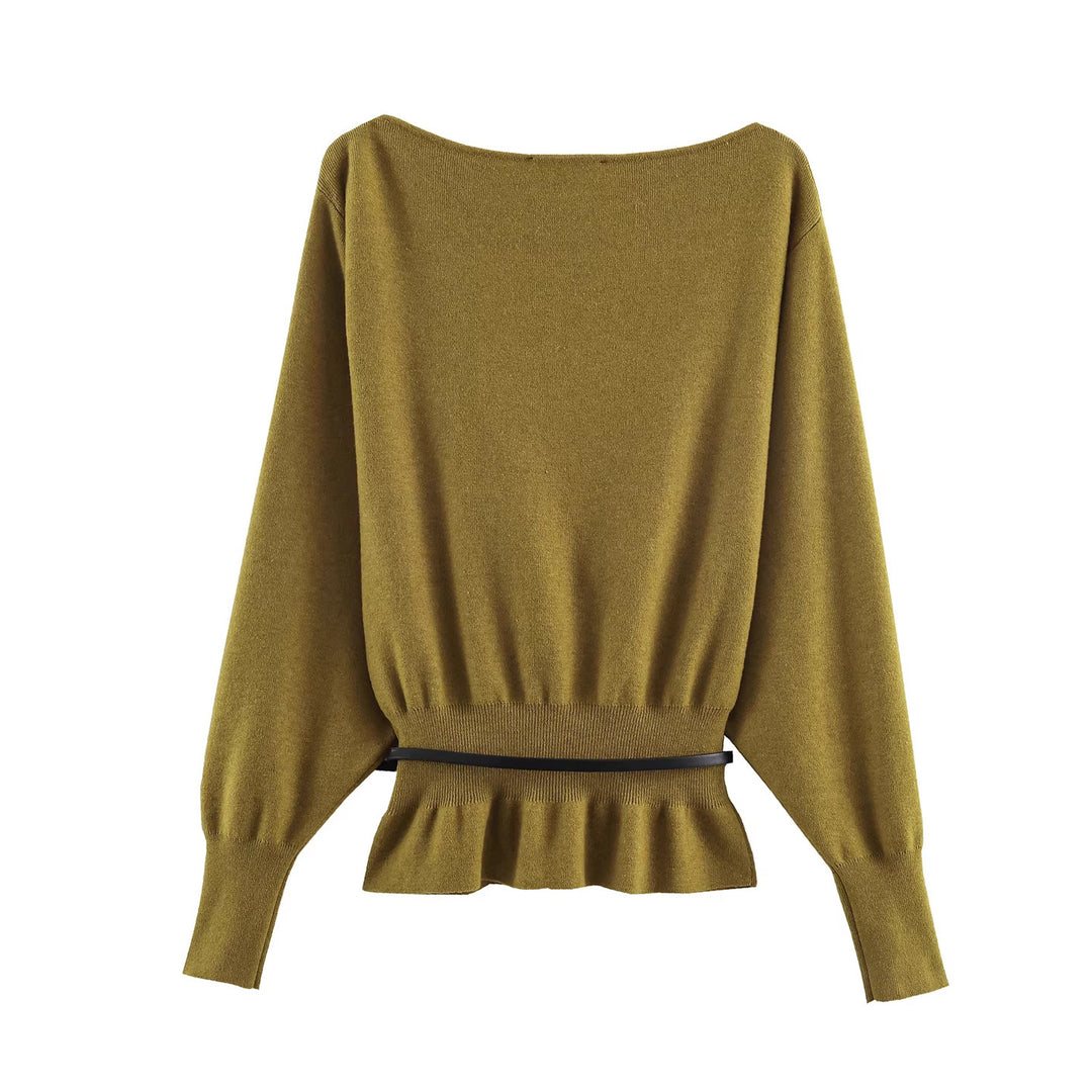 Damen Oversize-Strickpullover mit U-Boot-Ausschnitt, Fledermausärmeln, gerafftem Rippbund und Taillengürtel Drune
