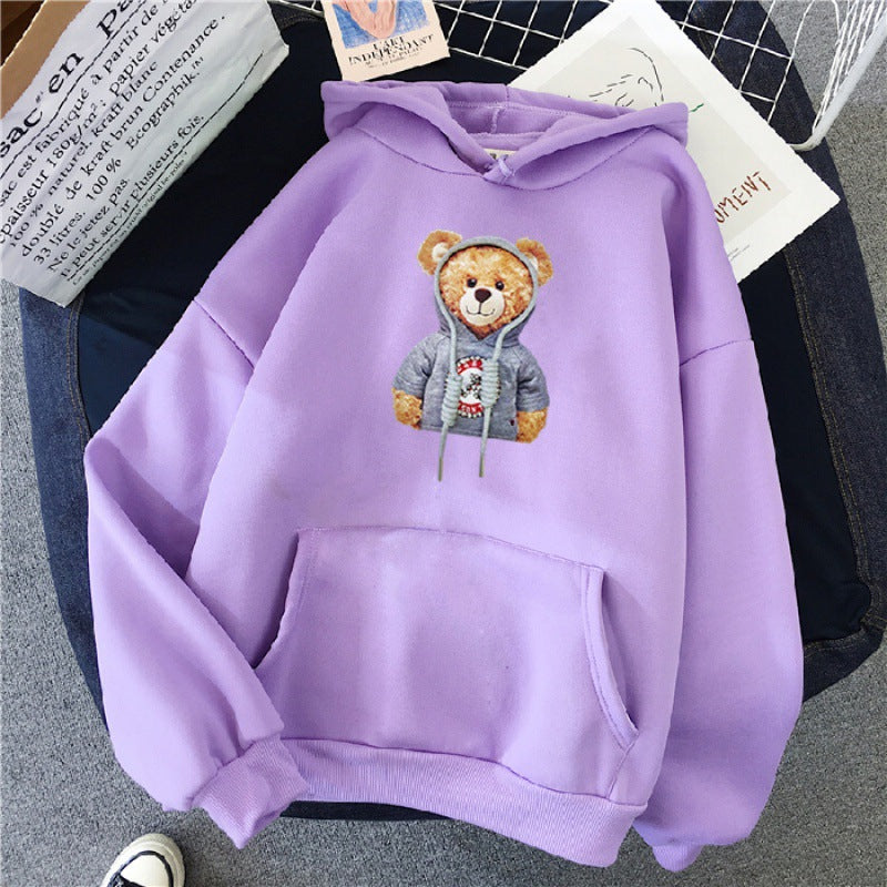 Unisex nan lässiger Oversize Kapuzenpullover mit Teddy-Frontprint, Kängurutasche und weichem Fleece-Innenfutter Drune