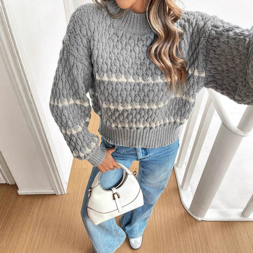 Damen Strickpullover mit strukturiertem Muster und hohem Kragen Drune