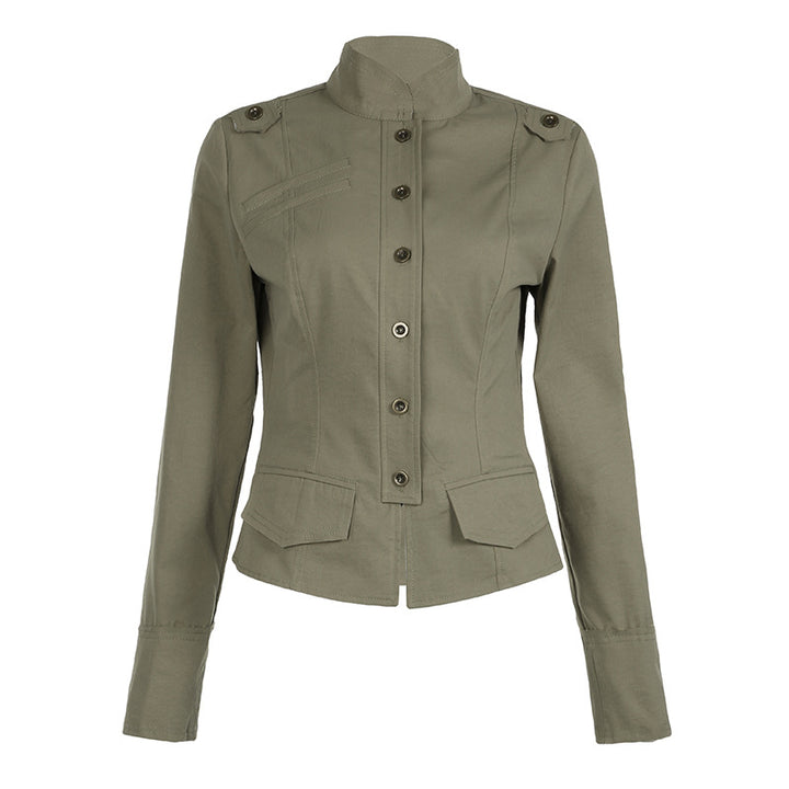 Damen nan taillierte Utility‑Militärjacke mit Stehkragen, Schulterpatten und aufgesetzten Pattentaschen Drune