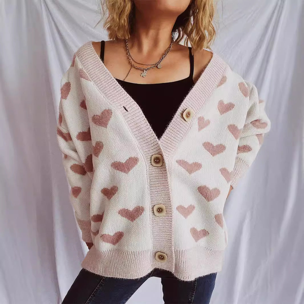 Damen Strickjacke mit herzförmigem Muster und knöpfbarem Design Drune