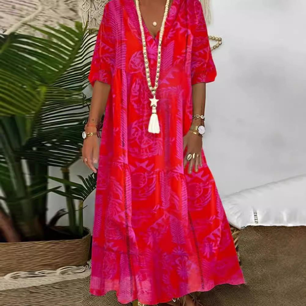 Damen elegantes Maxikleid mit floralen Motiven und V-Ausschnitt Drune