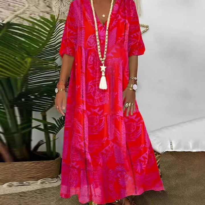 Damen nan Boho-Langkleid mit tiefem V-Ausschnitt, Stufenschnitt und legerer Oversize-Passform Drune