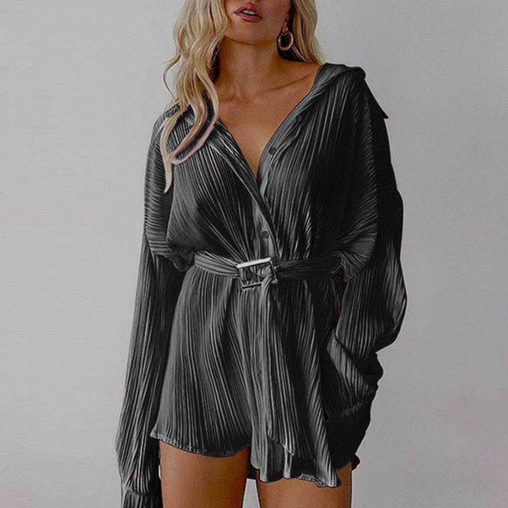 Damen nan plissiertes Hemdkleid mit Taillengürtel und verdeckter Knopfleiste Drune