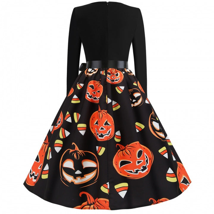Damen Retro Swing-Kleid mit Halloween Kürbisprint und Taillenschleife Drune