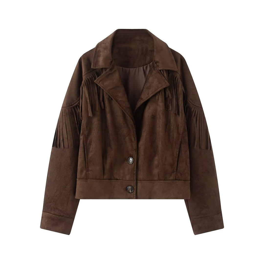 Damen kurze Wildlederimitat-Jacke mit Fransen und Reverskragen Drune