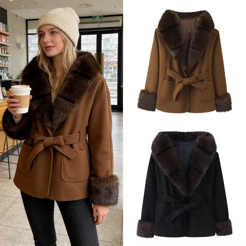 Damen Kurzer Wollmix-Mantel mit Kunstfellkragen, Taillengürtel und aufgesetzten Taschen Drune