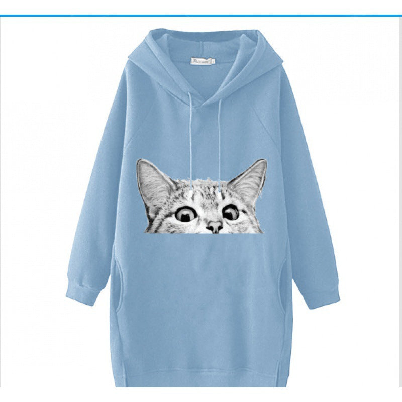 Damen Oversize Kapuzenkleid aus Sweat mit großem Katzenprint und Seitentaschen Drune