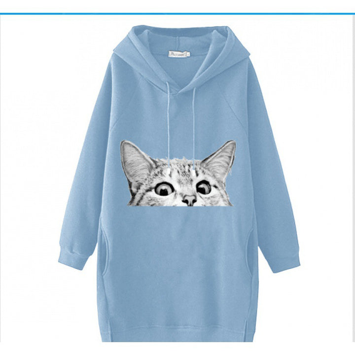 Damen Oversize Kapuzenkleid aus Sweat mit großem Katzenprint und Seitentaschen Drune