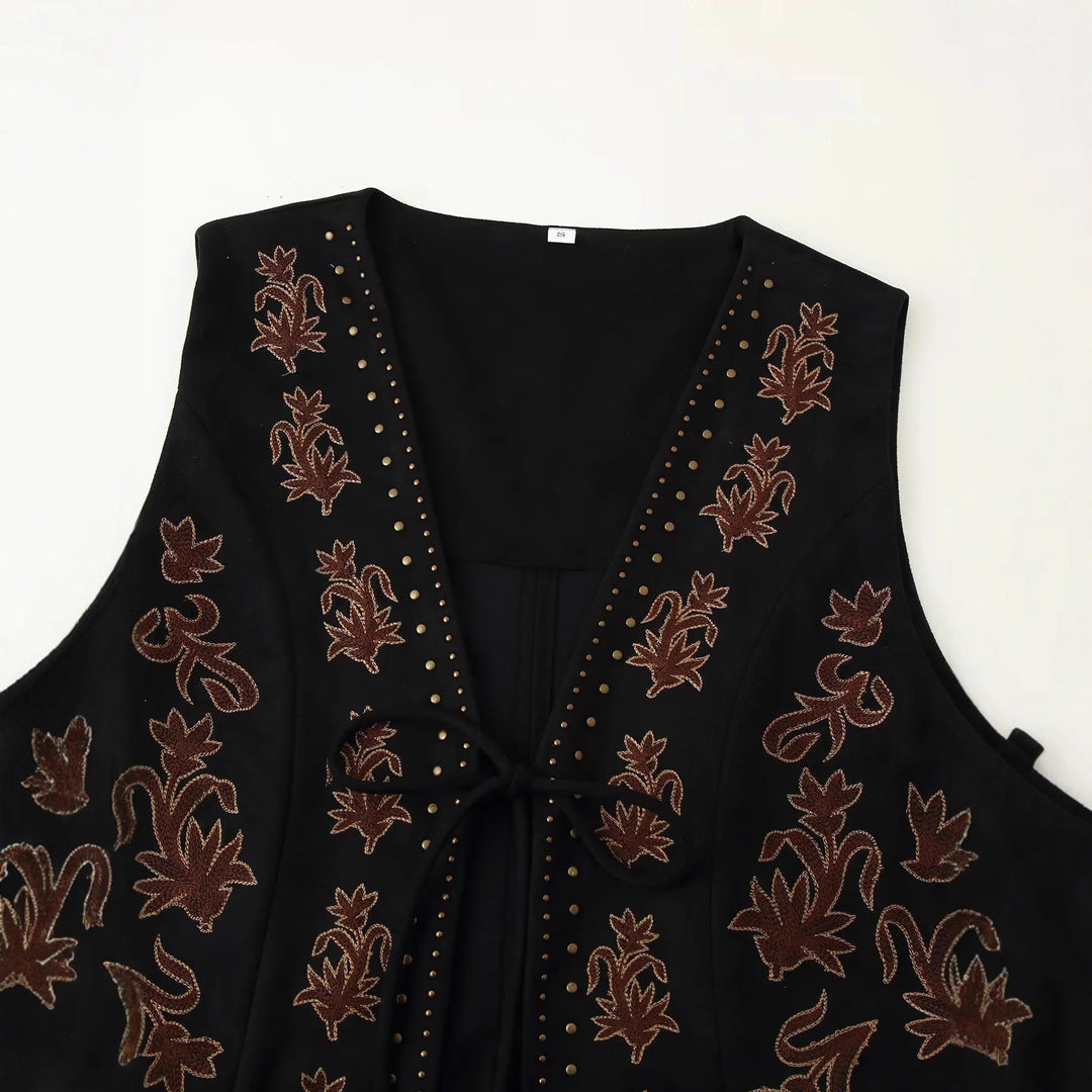 Damen nan bestickte taillierte Weste mit floraler Stickerei, Metallnieten und Bindeband Drune