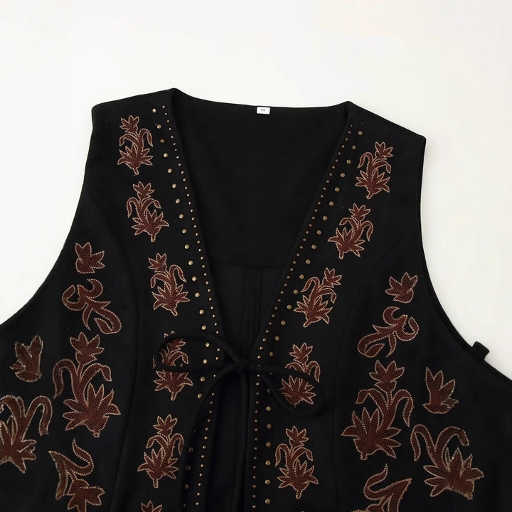 Damen nan bestickte taillierte Weste mit floraler Stickerei, Metallnieten und Bindeband Drune