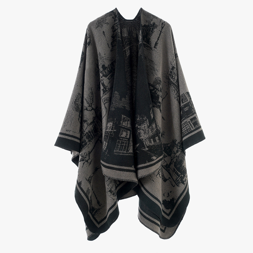 Damen Jacquard‑Capeponcho mit ikonischem Städte‑Jacquard und offenem Oversize‑Fall Drune