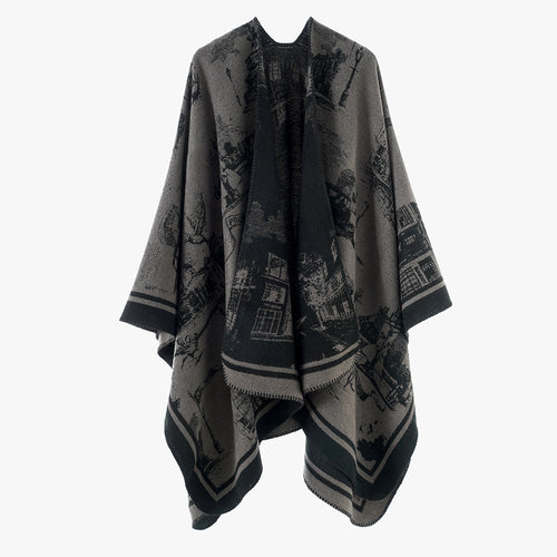 Damen Jacquard‑Capeponcho mit ikonischem Städte‑Jacquard und offenem Oversize‑Fall Drune