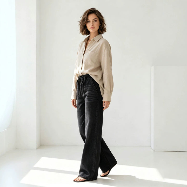 Damen nan Relaxed-Fit Denim-Hose mit elastischem Tunnelzugbund, dezentem Used-Effekt und weitem Bein Drune