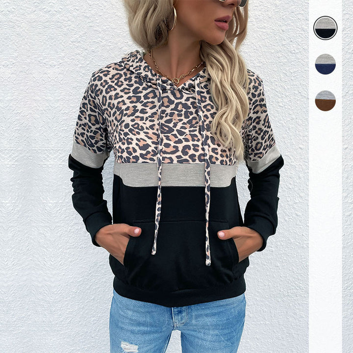 Damen Kapuzenpullover mit Leo-Print, Colorblock-Einsatz und Kängurutasche Drune