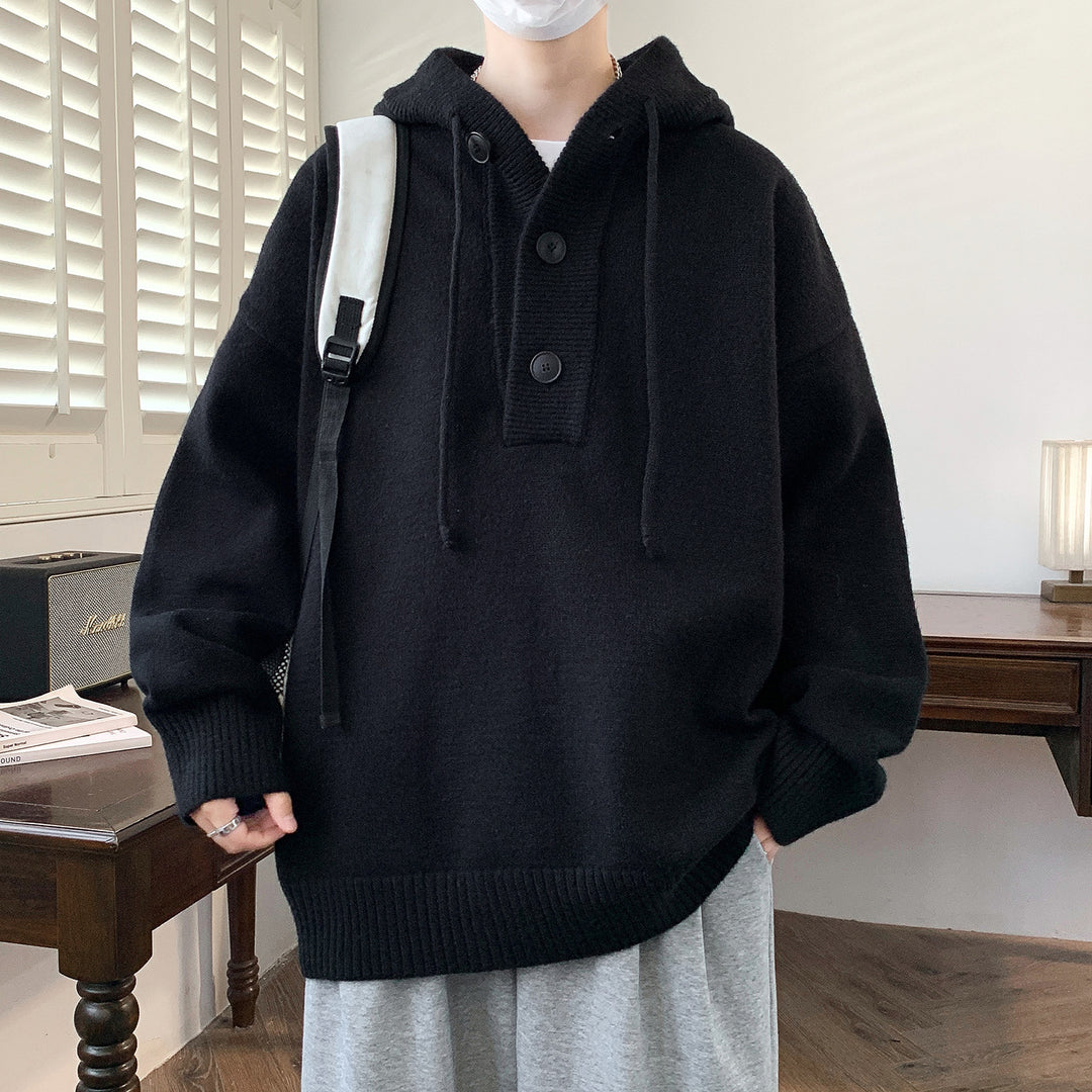 Unisex Oversize Strick-Hoodie mit Halbknopfblende und Rippbündchen Drune