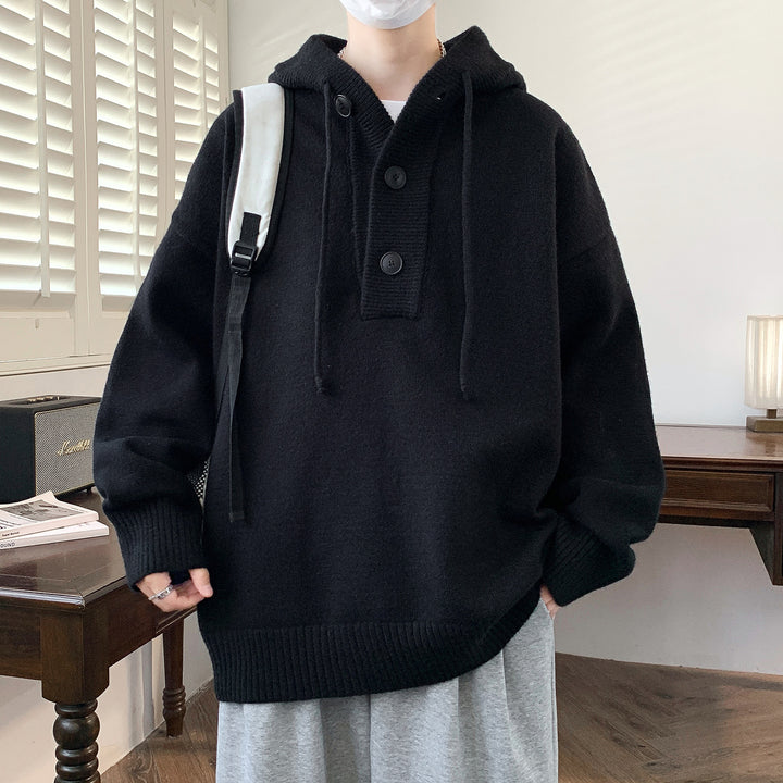 Unisex Oversize Strick-Hoodie mit Halbknopfblende und Rippbündchen Drune