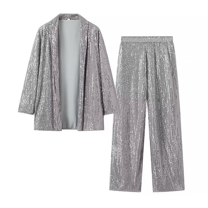 Damen nan festliches Pailletten-Zweiteiler mit offenem Kimono-Blazer und elastischer Plisseehose Drune