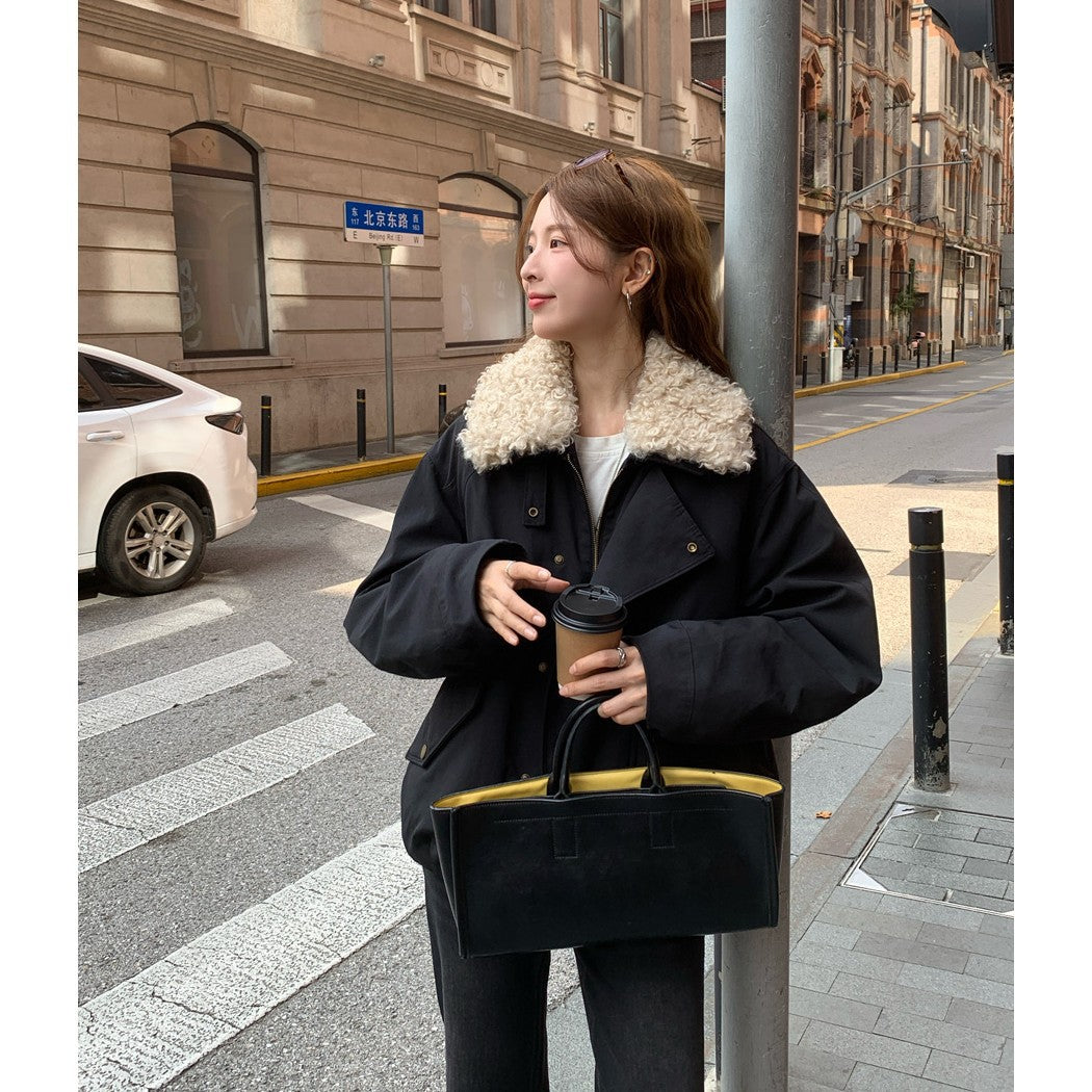 Damen Oversize-Kurzjacke mit Teddykragen und Pattentaschen Drune