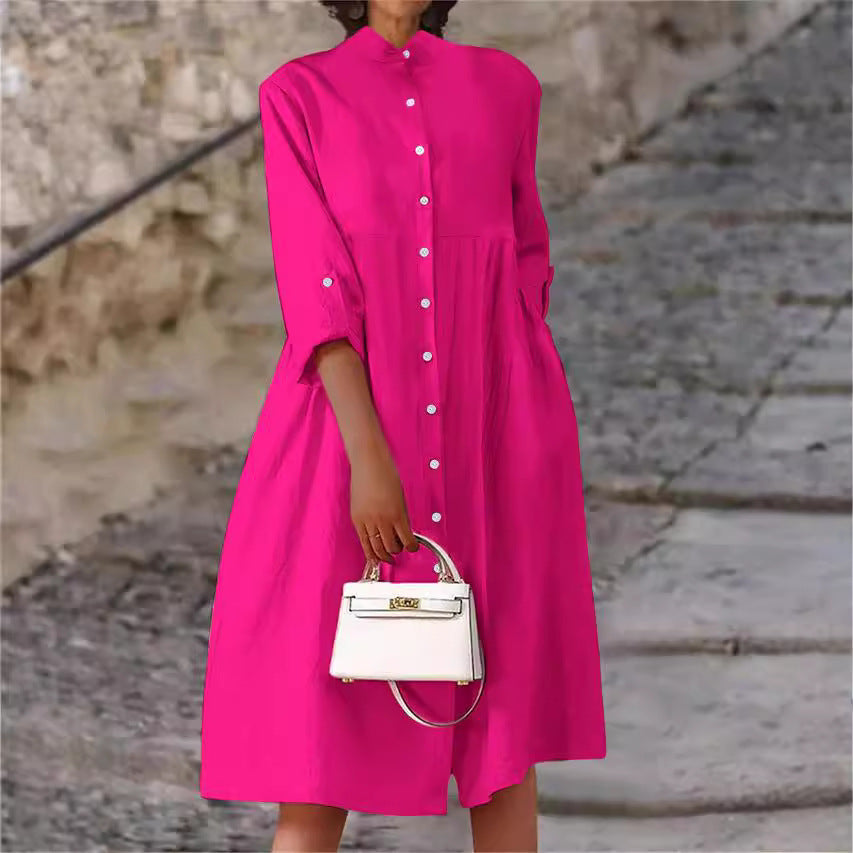 Damen Oversize Midi Kleid im Leinen-Look mit Stehkragen, Knopfleiste und Seiten Taschen Drune