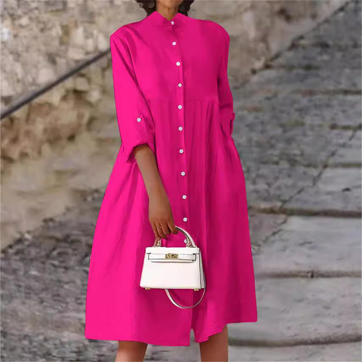 Damen Oversize Midi Kleid im Leinen-Look mit Stehkragen, Knopfleiste und Seiten Taschen Drune