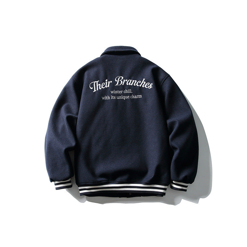 Herren Boxy College‑Blousonjacke aus Wollmix mit Druckknopfverschluss und gestreiften Rippbündchen Drune