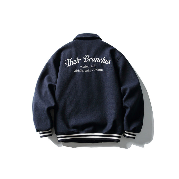 Herren Boxy College‑Blousonjacke aus Wollmix mit Druckknopfverschluss und gestreiften Rippbündchen Drune
