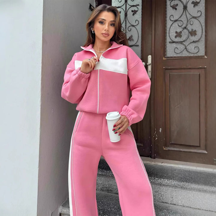 Damen Komfortables Campus-Lounge-Set mit kurzem Reißverschluss-Top und Seitenstreifen-Jogger Drune