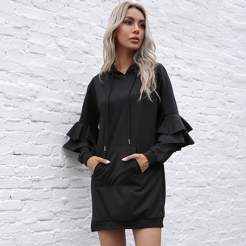 Damen Oversize-Kapuzenkleid mit zweistufigen Volantärmeln und Eingrifftasche Drune