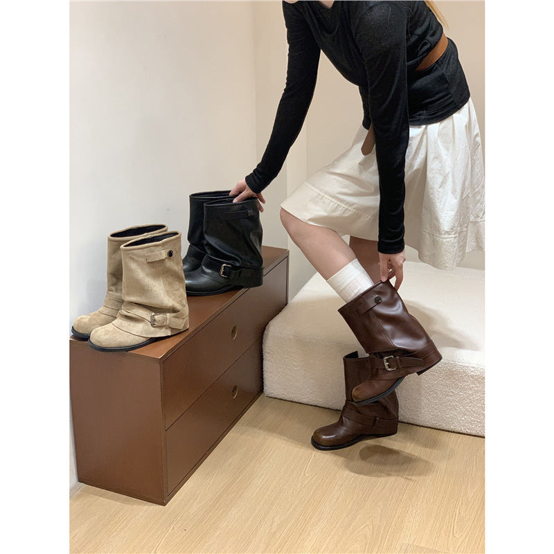 Damen Slouchy Bikerstiefeletten mit verstellbarem Schnallenriemen und runder Zehenform Drune