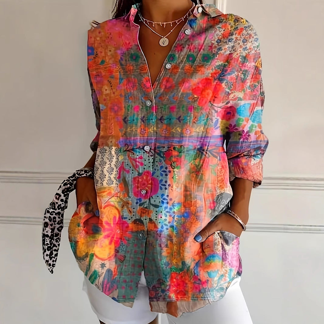 Damen Künstlich Gemustertes Button-Up Hemd Drune