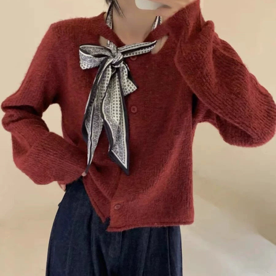 Damen lässige Strickjacke mit dekorativem Halstuch Drune