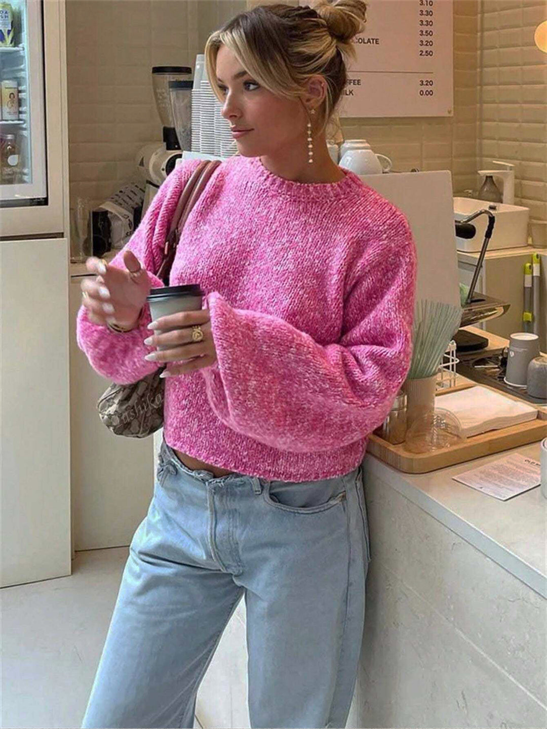 Damen Modischer Strickpullover mit weit geschnittenen Ärmeln Drune