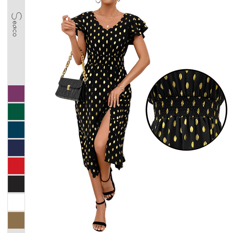 Damen Maxikleid mit Rüschendetails und schimmerndem Punktmuster Drune