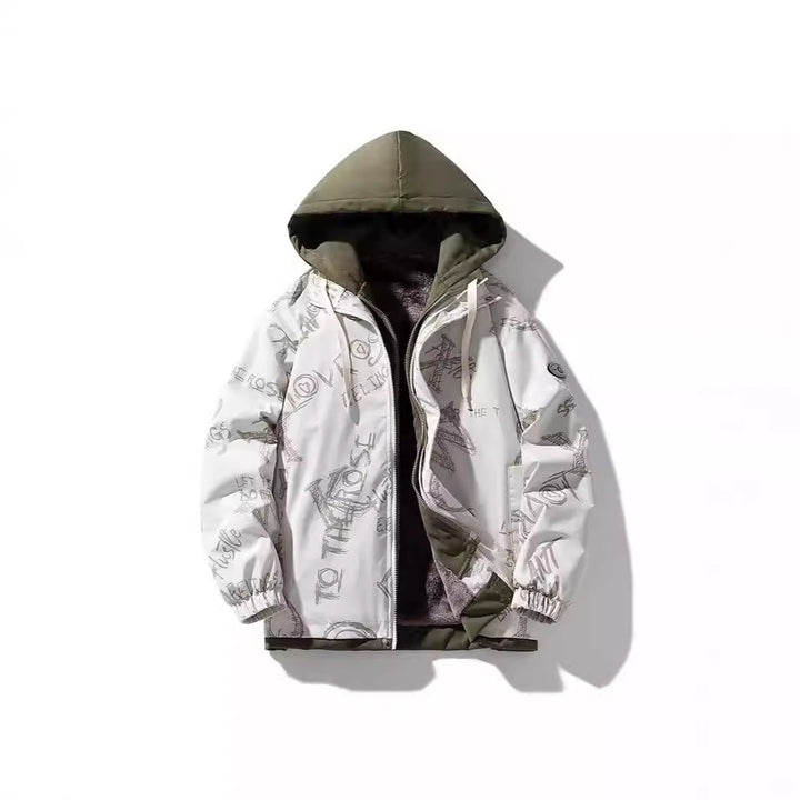 Herren Zweilagige Kapuzenjacke mit Fleece-Innenfutter und Allover-Sketch-Print Drune