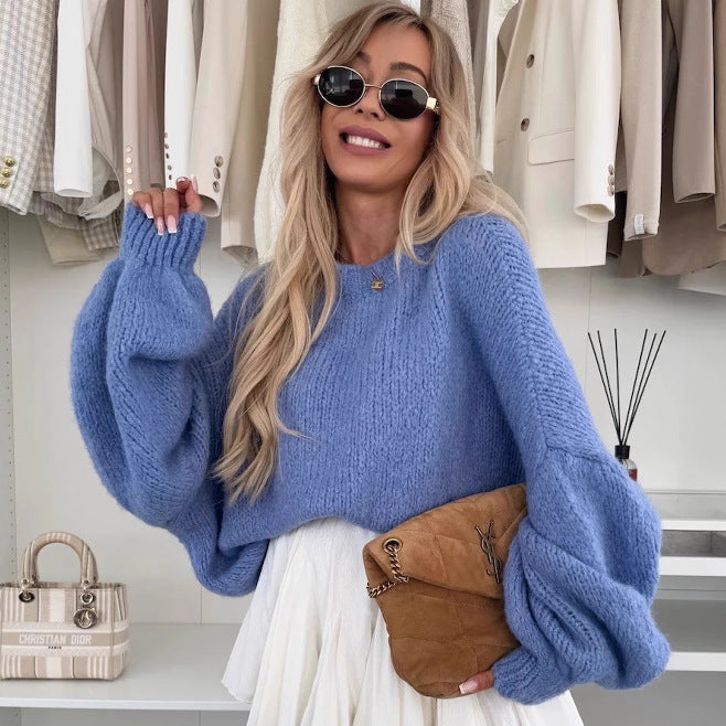 Damen Strickpullover mit voluminösen Ärmeln und feiner Struktur Drune
