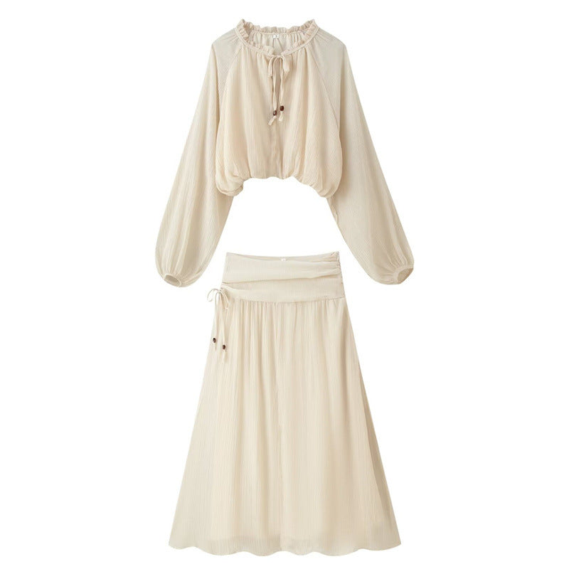 Damen Zweiteiliges Boho-Set mit verkürzter Rüschenbluse, Ballonärmeln und hochtailliertem Maxirock Drune