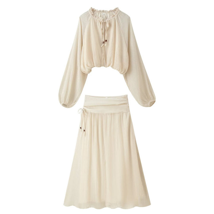 Damen Zweiteiliges Boho-Set mit verkürzter Rüschenbluse, Ballonärmeln und hochtailliertem Maxirock Drune