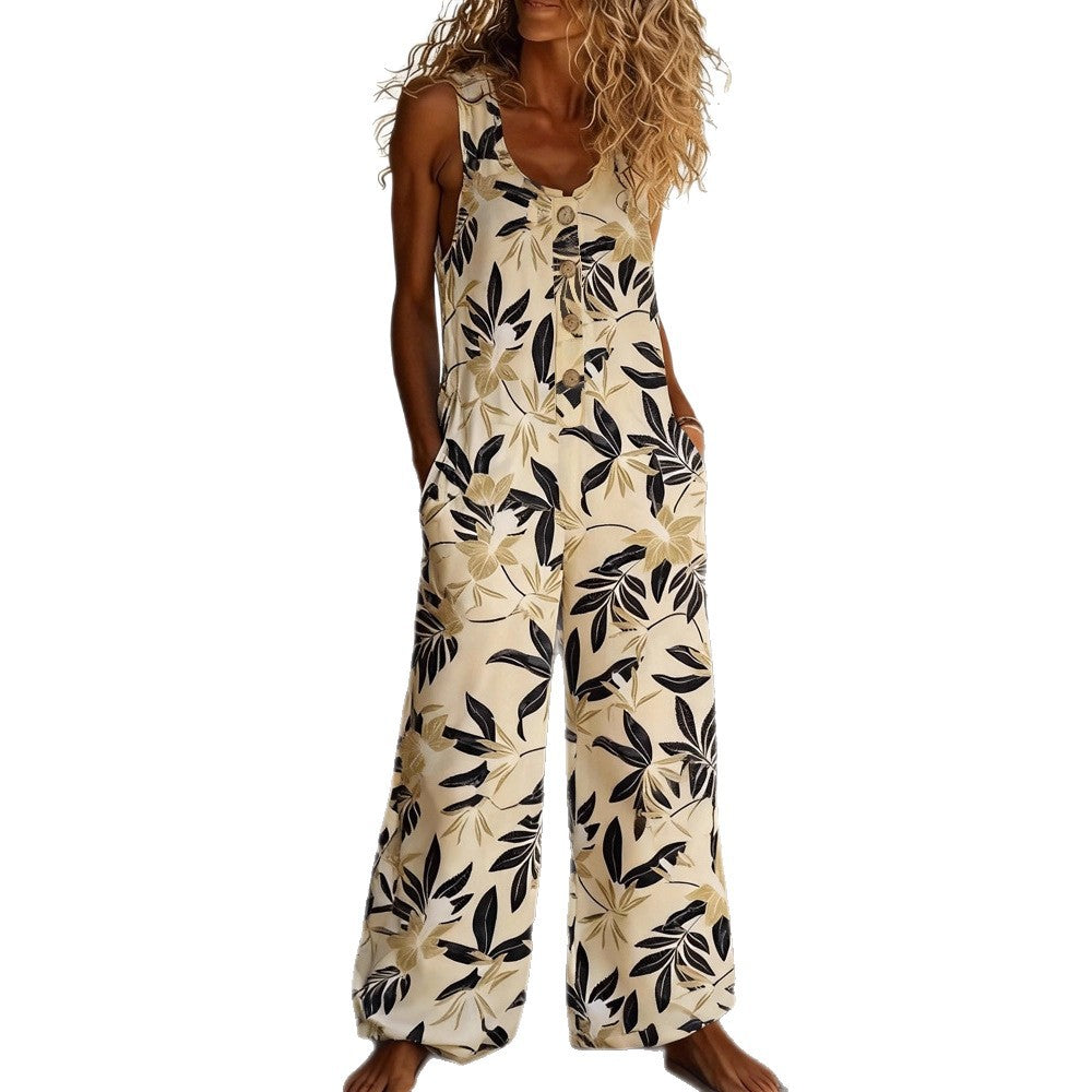 Damen Blumengemustertes Jumpsuit mit Knopfleiste und Taschen Drune