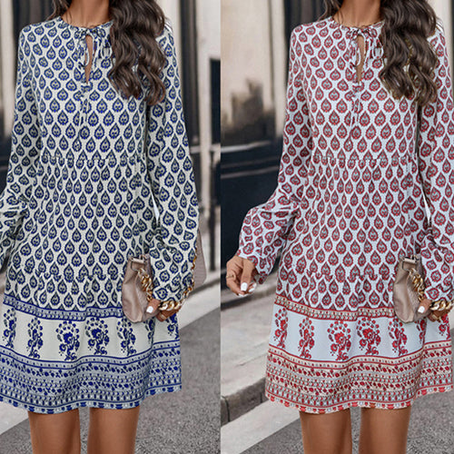 Damen Boho-inspiriertes Minikleid mit floralem Muster und Rüschendetails Drune