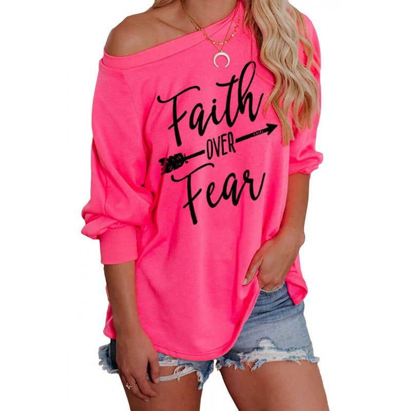 Damen Loose Fit Sweatshirt mit asymmetrischem Ausschnitt und motivierendem Aufdruck Drune