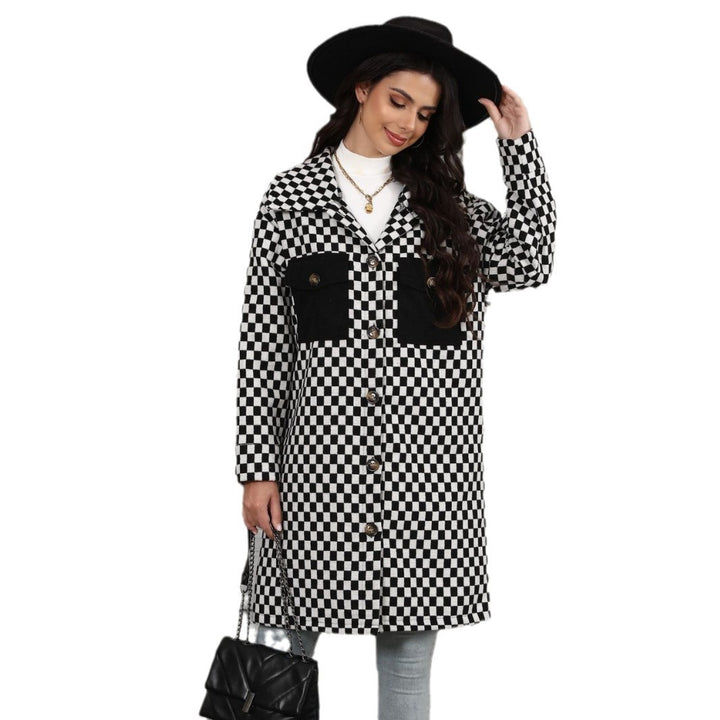 Damen Karierte Overshirtjacke mit Taschen und Knopfdetails Drune