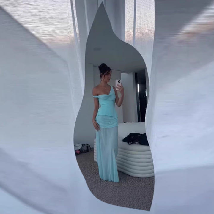 Damen elegantes Maxikleid mit Raffungen und asymmetrischem Ausschnitt Drune