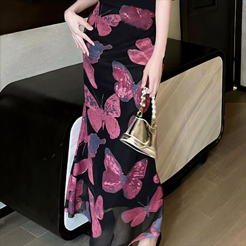 Damen elegantes Maxikleid mit floralem Schmetterlingsmuster und fließendem Stoff Drune