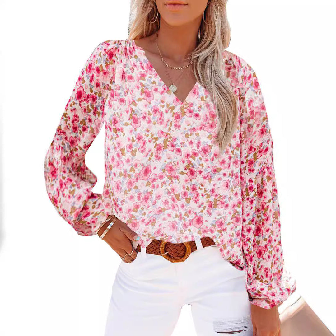 Damen Bluse mit floralen Mustern und V-Ausschnitt Drune
