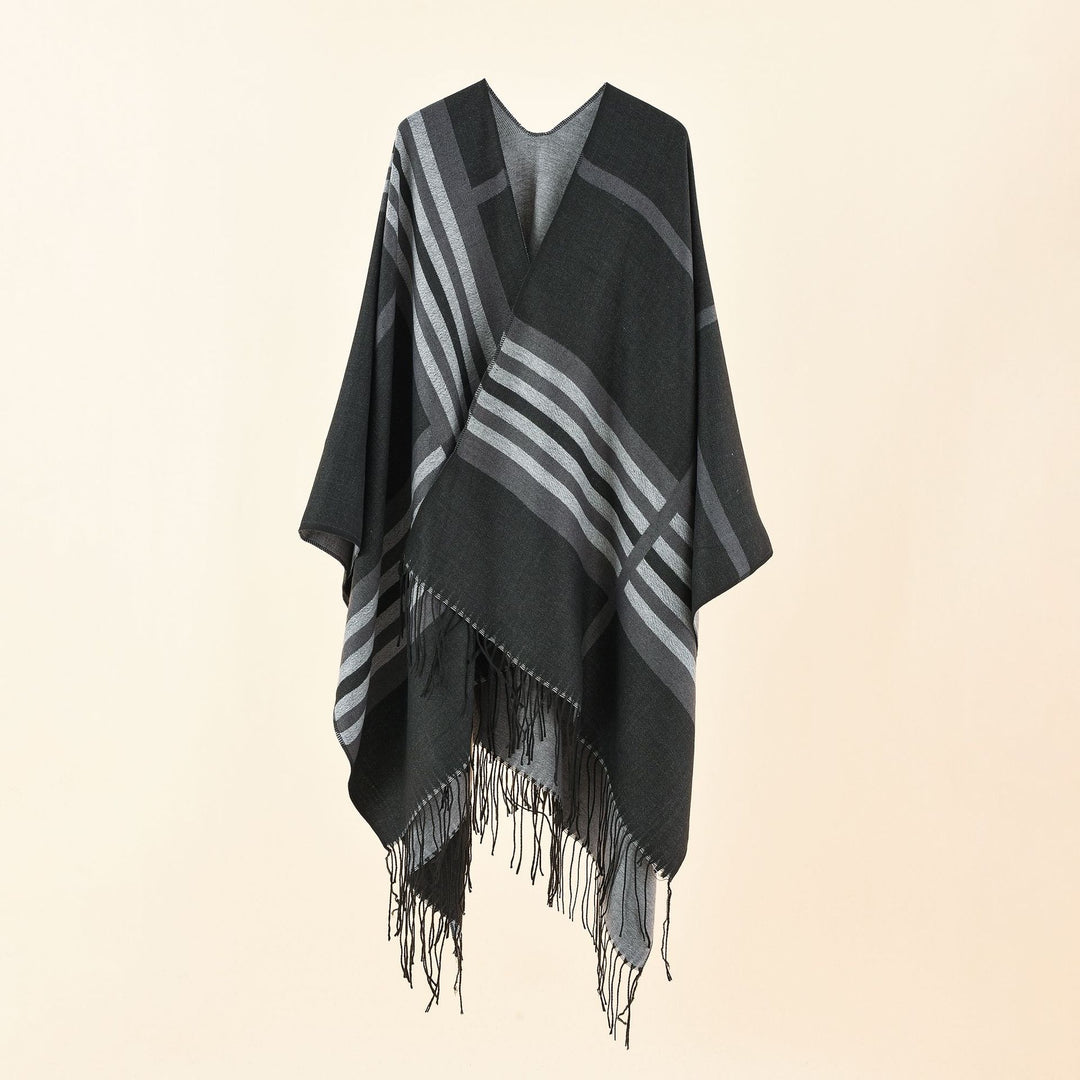 Damen Kastiger Ruana-Überwurf mit Fransen und diagonalem Streifenjacquard Drune