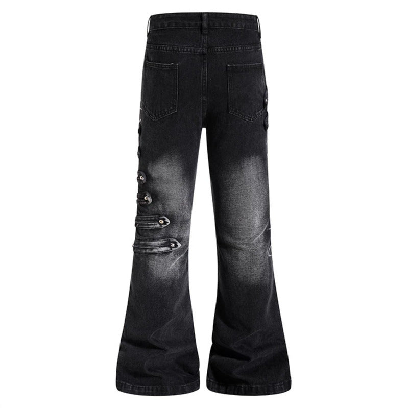 Damen Weite Jeanshose mit Used‑Effekt und seitlichen Zierknopfleisten Drune