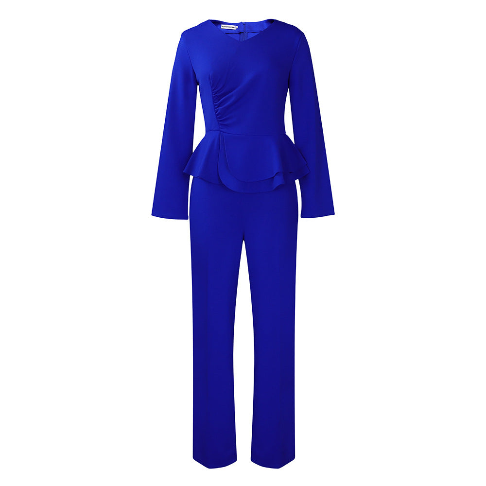 Damen eleganter Jumpsuit mit peplum Schnitt und langen Ärmeln Drune