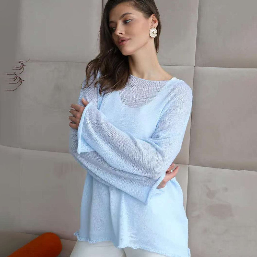 Damen lässiger Pullover mit weiten Ärmeln und feinem Lochstrickdesign Drune